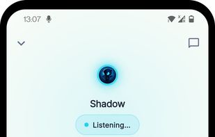 Community discovery screen showing joinable communities, search, and trending stories.Voice agent screen showing hands-free conversation with the Shadow agent.