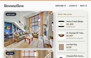 Loft living room redesign mixing real products from several retailers in one room.