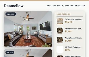 For furniture retailers — your own catalog styled into shoppable rooms (Roomellow's white-label experience).