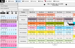 Rostering and scheduling with easy drag-drop functionality. Get warned when people have applied for leave and you try to roster them on.  