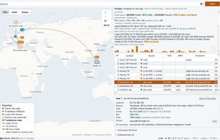 Live trace from Manila to heise.de on macOS: map, route summary with AS path and RPKI, hop table and hop details.