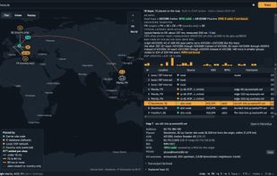 The same trace in dark mode; the app follows the system theme.
Globe, light: Globe view centred on the route, with the hop details panel.