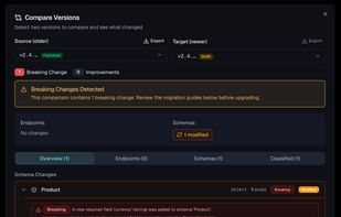 The version diff flags the breaking change before you publish.