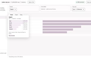 Building the pivot. Open a field to see every value with its count, then click one to filter.