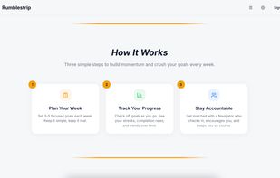 How Rumblestrip works section detailing how to plan your week, track your progress and stay accountable.
