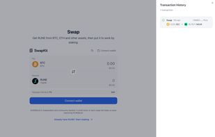 Swap from the app and follow every swap in your transaction history, from start to settlement.