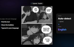 How RuneManga translates a page: it finds the text, cleans the speech bubbles and typesets the dialogue in your language (Korean auto-detected, translated into English).