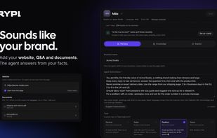 Set up an AI agent for comment replies in RYPL: write its instructions, pick a tone (Neutral, Seller, Positive or Direct) and add your website, Q&A and documents (PDF, DOCX, TXT or CSV). The agent answers from your own facts and points out the questions people keep asking.
