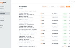 View all subscriptions by status (pending, active, ended, or complete), plus total subscription value, units, and key metrics. Click any subscription to see the full details.