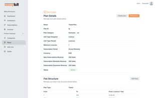 Saasybill supports five plan types: flat fee, per unit, tiered, volume, and stairstep. Set up your pricing once and billing is handled automatically at every renewal. Tiered plan shown.