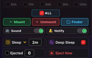 Quick action controls: batch Mount/Unmount buttons, Finder access, custom idle sleep timers, audio/visual alerts, and Eject Now.