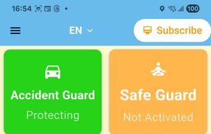 Main dashboard showing Accident Guard active and key safety controls.