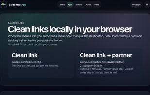 SafeShare cleaning a URL and showing removable tracking parameters in the current app interface.