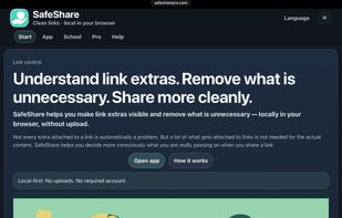 SafeShare English homepage showing the link hygiene positioning and browser-based workflow.