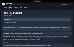 SafeShare App cleaning a URL by removing unnecessary tracking parameters locally in the browser.