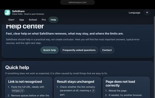 SafeShare Help Center explaining what the tool removes, what stays, and where the limits are.