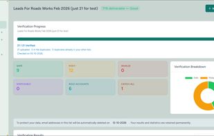 List results at a glance — Safe, Risky and Invalid, plus role-account, catch-all and disposable counts and an overall deliverability score.
