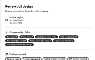 Poll design for a US-market benchmark, with equity and benefits options selected (4 clicks)