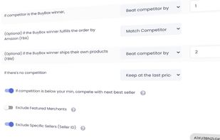 If you have a listing with many competitor sellers, you can use this rule to keep the Buy Box and SaleDrum™ will adjust the price when there's a change in your competitor's pricing.

Filter out any competitor sellers by their FBA status, ratings, dispatch time, and shipping countries. You can even specify seller ids that you want to exclude from the competition.