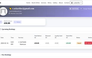 Customer panel to manage wallet balance, loyalty points, and all bookings in one place. View upcoming appointments, today’s visits, and past services with full history. Access invoices, track rewards, and stay informed. Built-in feedback and service surveys help improve experience and keep communication seamless between clients and the salon.