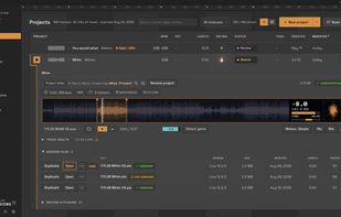 A project expanded in the library: waveform preview with live loudness and stereo meters, the project folder and its vitals, and the session files it holds.