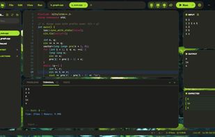 Editor with Input / Output / Expected panels and an AC verdict