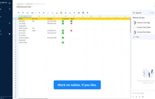 Work on spreadsheets large and small. Of course, with the possibility to attach tasks and events and chat right on the document.
