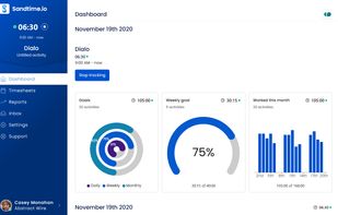 Dashboard with the running timer, daily and weekly goal progress, and hours worked this month.