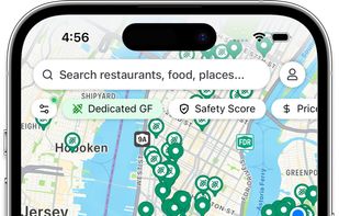 A beautiful gluten-free map with markers, labels, and nearby places designed for quick discovery.