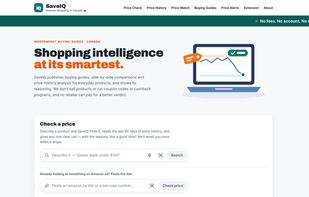 SaveIQ homepage: describe a product or paste an Amazon.ca link to check its price.