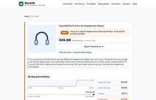A price check for an Amazon.ca product: buy-or-wait verdict, today's price, and the lowest, average and highest price of the last 90 days.