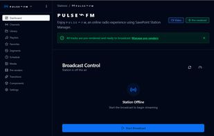 Broadcast Control dashboard with Start Broadcast, channel toggles, and playlist / segment / hours-streamed stats.