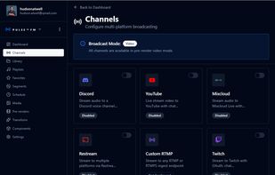 Channels config for Discord, YouTube, Mixcloud, Restream, Custom RTMP, Twitch, TikTok Live, and Kick, with chat command reference.