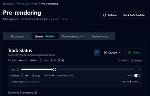 Pre-rendering engine queue with concurrent workers and currently processing tracks