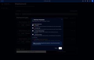 Pull from Production dialog for selective sync of favorites, exclude lists, channel settings, and broadcast history.
