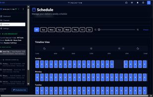 Weekly Schedule timeline view across all seven days with live broadcast summary and session history