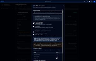 Push to Production dialog with deployment type, what to deploy, and per-station inclusion toggles.