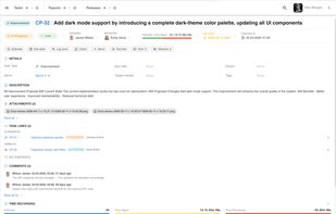 Task details with workflow status, sprint, estimates, comments and work logs