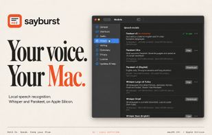 Editorial overview of local dictation, using the real Sayburst interface.