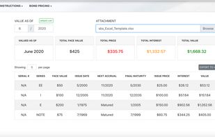 Result of importing a list of savings bonds from a spreadsheet built with excel.