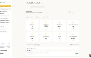 Monitor followers, impressions, reactions, comments, shares, and engagement rate across all connected accounts. View scheduled and published posts with detailed analytics.