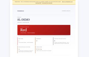 Schedule Health report: DCMA 14-point score, A-F health grade, red flags and critical-path summary (sample data).
