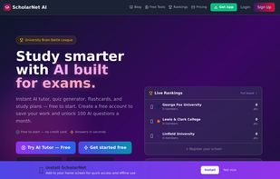 ScholarNet AI homepage — a free suite of AI study tools for college students: AI tutor, flashcard and quiz generators, study plans, and Brain Battles live quiz competitions between schools.