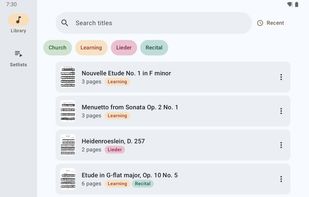 The library: every score you imported, grouped with your own tags.