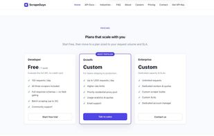 Plans: a one-week free developer tier, then Growth and Enterprise