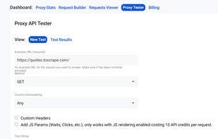 Proxy API Tester tool within ScrapeOps, which allows users to configure and test their scraping requests before deploying them