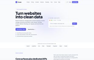 Scrapio's landing page — hero headline "Turn websites into clean data," a live interactive demo (paste any URL to try the Fetch endpoint), and the core value prop: one API key across fetch, crawl, interact, and dedicated site endpoints, returning markdown, JSON, HTML, or screenshots.