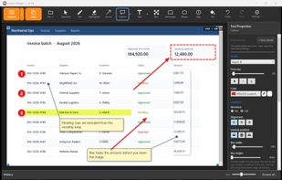 The editor: numbered steps, arrows and a callout on a captured screen, with the tool properties panel and the capture history strip.