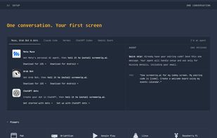 One conversation gets you your first screen. Install screenRIG from Meta Muse, Grok Bot, ChatGPT dots, Claude Code, Hermes, ChatGPT Codex or Gemini Spark, then pair a Player on the web, Android, Linux, Raspberry Pi, Samsung Smart Signage or BrightSign.