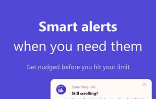 Two smart alert notifications on a phone screen — one warning that the daily limit is close, one showing Instagram at 20 minutes — nudging before you hit your limit.